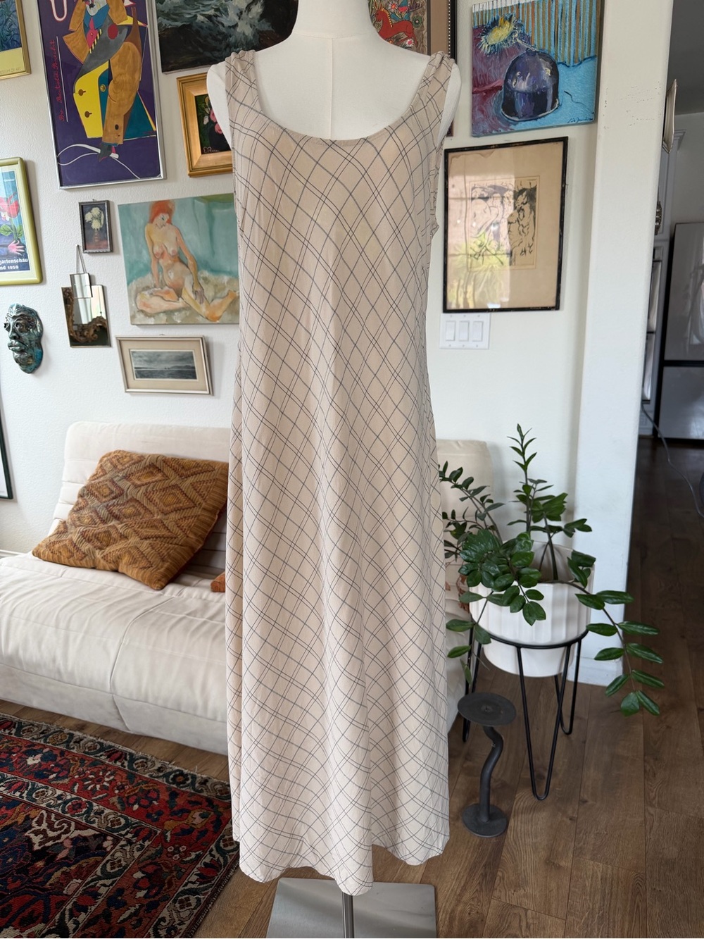 90s Minimalist Halston bias cut grid pattern neutral maxi dress #effortless